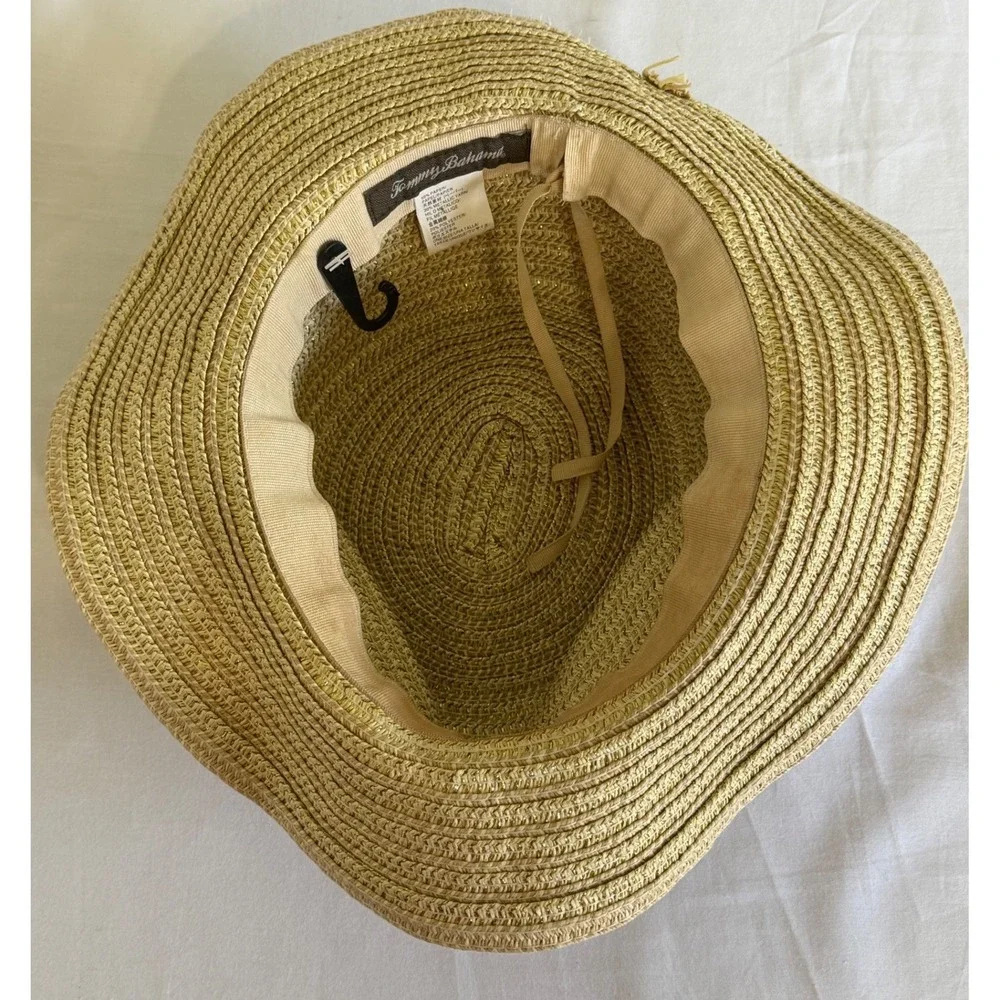 Vintage Tommy Bahama Womens Floppy Straw Sun Hat Gold Metallic Beads Tan Rare‎
